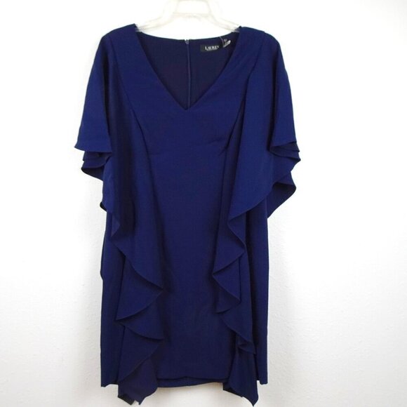 Ralph Lauren Ruffled Dress Women's Size 4 Blue Office Career Party V-Neck - Picture 1 of 8